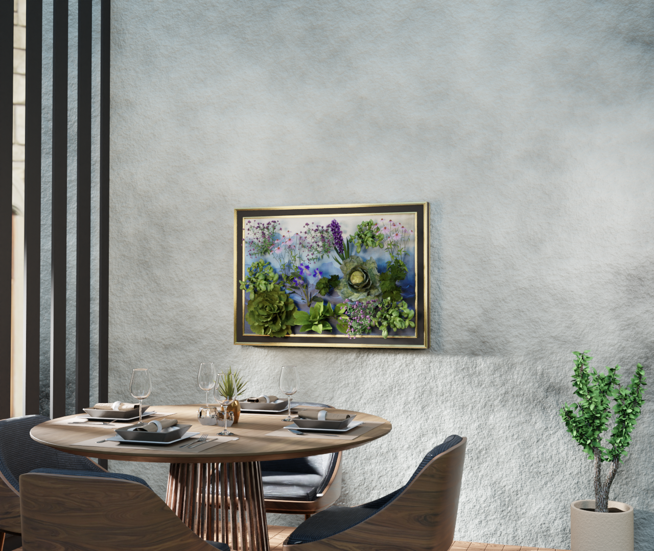 Dining room with art garden living installation creating a luxury eating space